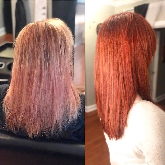 Before (left) and After (right)! This was a huge process to get her to a  natural copper/ginger. I had to do two applications of color extractor,  then added foils (higher developer on